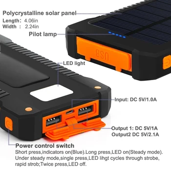 Prenosni Sončne Energije Banke Nepremočljiva 10000mAh Sončne Baterije Dvojni Polnilnik USB Zunanjega Napajanja, banka Polnilnik S Kompas LED Luči