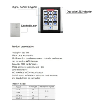 Nepremočljiva kovinski nadzor dostopa na prostem tipko 2000 Uporabnikov RFID Dostop do Sistema za Nadzor z Osvetlitev Tipkovnice Kovinski 125khz card reader