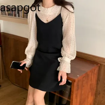 Korejski Elegantno Polka Dot Puff Rokav Bluzo Ženske Majice Z Dolgimi Rokavi Črne Špagete Trakovi Obleko Kratek Dva Kosa Iz Pomladi