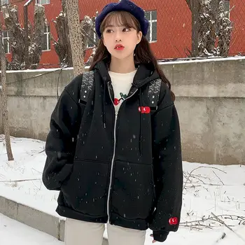 Korejski različico plus žamet debele ženske hooded letnik letnik hoodies ženske jeseni in pozimi svoboden Japonski zadrgo ins cardig