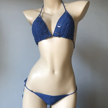 Ženske Seksi Micro Mini Bikini Komplet Črno Perilo Nastavite Tangice G-String Modrc Nove Ročno Izdelane Kvačkane Kopalke 2019 Vroče Prodaje