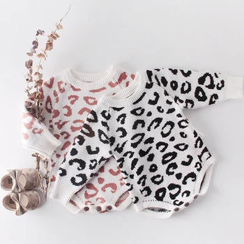Jeseni Baby Dekleta Modni leopard Baby Bodysuits Pleteni Oblačila za Novorojenčka Oblačila Sweet Princess Twin Plesti Bombaž Telo Pulover