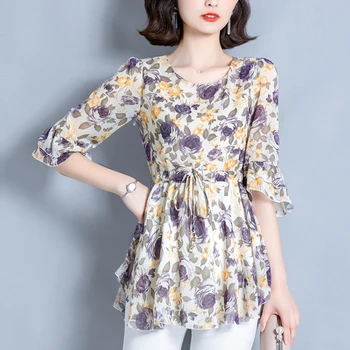 Cvetlični Šifon Bluze za Ženske blusas mujer de moda 2020 Poletje Novo Pol-Rokav Šifon Majica Mid-Dolžina Dno Majica 191F