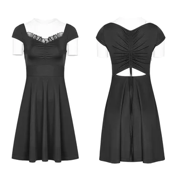 PUNK RAVE Gothic Žensk Black Kratek Rokav Ljubica Izrez Risanje string Nazaj-line Mini Obleka Povodcem Moda za Ženske obleke