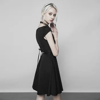 PUNK RAVE Gothic Žensk Black Kratek Rokav Ljubica Izrez Risanje string Nazaj-line Mini Obleka Povodcem Moda za Ženske obleke