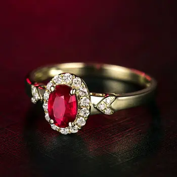 Nov Prihod Lepe 18Kt Rumeno Zlato Naravnih Ruby Obroč Ovalne 4x6mm Naravni Diamant Poročni Nakit WU291E