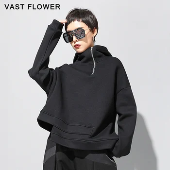 Plus Velikost Nezakonitih Majica Ženske Črna Korejski Moda Zadrgo Kapuco Z Dolgimi Rokavi Pulover Ohlapne Obleke Pomlad Jesen 2021