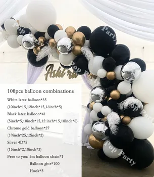 108pcs Črno Bele Balone Arch Komplet Rojstni dan Balon Garland Zlato Iver Poroka Okraski Stranka Dobave