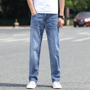 Poletje Nove Jeans, Moda za Moške Svoboden Ravne Cevi Modne blagovne Znamke Gum Velikosti Svetlo Modre Moške Tanke Dolge Hlače