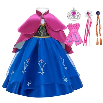 Snežna Kraljica Anna Obleko za Deklice Dolg Rokav Vezenino Princess Party Obleke s Plašč, Otroci Halloween Kostum, Obleke