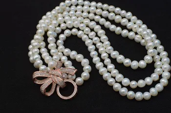 3rows sladkovodnih pearl white 8-9 mm bližini krog 18-20 palčni debelo narave kroglice FPPJ bowknot kljuke