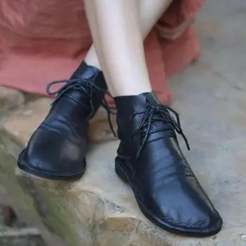 Johnature Zimski Škornji Ženske Čevlje Pravega Usnja 2020 Novo Čipke-up Ravno S Krog Toe Ročno Jedrnato Gleženj Platforma Čevlji