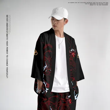 Japonski Slog Letnik Kimono Haori Hlače Komplet Moških Tradicionalnih Dnu Harajuku Ulične Samurai Jopico Kostum Yukata