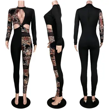 Echoine Seksi Bodycon Jumpsuit Leopard tiskanja paatchwork Suh igralne obleke Elegantno votlih iz Playsuit Klub Obleke 2020