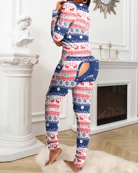 En Kos Odrasle Zimske Seksi Nogavice, Dolge Hlače Božič Tiskanja Funkcionalne Buttoned Zavihek Conjoined Jumpsuit Za Ženske Pižame