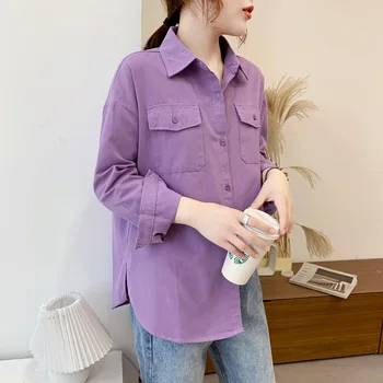 Ženska Pocket Design Bombaž Bluzo 2020 Jeseni Nove Ženske Svoboden Priložnostne Majice Dolg Rokav Barva Kolegij Slog Bluze Vrhovi
