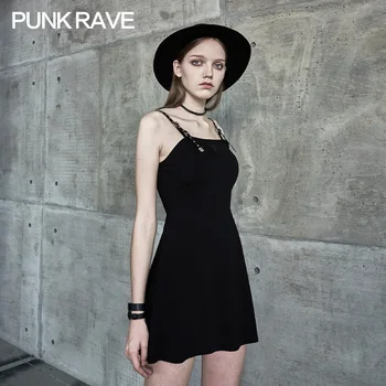 PUNK RAVE Dekle je Punk Black Povodcem A-line Malo Črno Obleko Gothic Vitek Pas Seksi Žensk Stranka Klub, Obleko Poletje