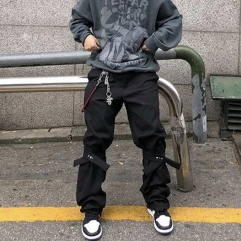 Harajuku Kolena Trakovi Naravnost Priložnostne Obleko Hlače za Moške Solid Black Svoboden Ulične Hlače Hip Hop Vrečasta Hlače Flare