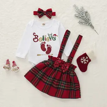 Malčka Malčke Baby Dekleta Božič Obleko Luštna Bombaž Bodysuit+Trak Obleko+Pokrivala 3Pcs Kariran Lok Stranka Obleke, Obleke