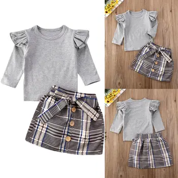 2pcs Otrok Baby Girl Obleke z Dolgimi Rokavi Ruffle Bombaž Vrhovi+Krilo Toplo Obleko Set