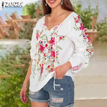 Ženske V Vratu Bluzo Moda Cvetlični Vrhovi ZANZEA 2021 Priložnostne Majice z Dolgimi Rokavi Ženske Natisnjeni Blusas Ženski Natisnjeni Tunika