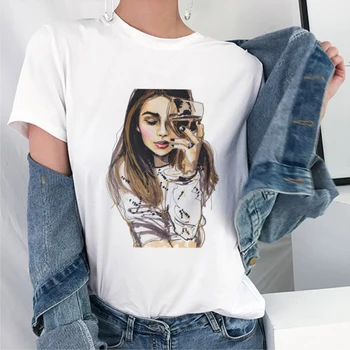 Poletje je Natisnjena Seksi Dekle, ki je Sedel Na Limuzina Majica s kratkimi rokavi Ženske Harajuku Modi Tshirt Grafika, Risanke Vrhovi korejskem Slogu Ženska T-shirt majica
