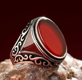 Sterling Srebrni Prstan S Kamnom 925 Za Moške In Turkizno Rdeče Agate Kamen Gemstone Moške Obroči Ročno - turški Nakit