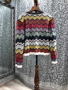 2020 jeseni in pozimi nove ženske tiste dekorativni val proge barvno ujemanje šivanje dolgo sleeved pleteni jakna 1020