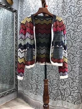 2020 jeseni in pozimi nove ženske tiste dekorativni val proge barvno ujemanje šivanje dolgo sleeved pleteni jakna 1020