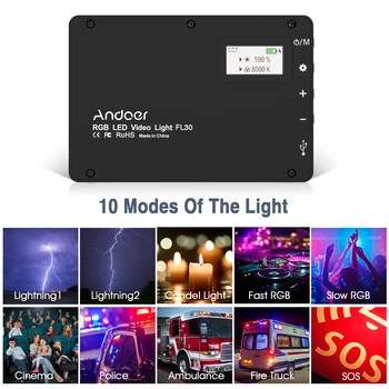 Andoer FL30 Prenosni RGB Video Lučka LED Fill Light 2800K-8500K CRI95 TLC97 Zatemniti 10 Svetlobnih Učinkov Vgrajeno Baterijo