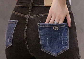 Pomlad Jesen Fant Jeans Ženske Modni Mozaik Visoko Pasu Stretchy Ropa Mujer Bombaž Silm Svinčnik Deveti Hlače 2020 B05920