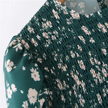 Chic Vintage cvetlični vzorec tiskanja obleko Bankrot elastična O vratu dolg rokav priložnostne obrabe stilsko elegantna zelena midi obleke vestidos