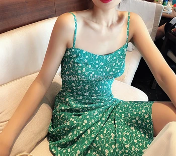 Luksuzni 2018 Svile Ženske Novo V Špageti Trak Zelene Cvjetnim Tiskanja Obleko Modne Dame Stilsko Visoko Pasu Sirena Obleko Robom