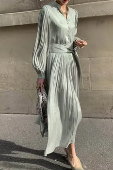 Jeseni Leta 2020 Vintage Proti-Vrat Beloprsi Singl Nabrano Obleko Ženske Priložnostne Dolg Rokav Bež/Modra/Črna Vestidos Ženska Pade Nove Robe