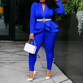 Royal Modra Afriške Ženske Postavlja 2 Kosa Elegantna Urad Dama Delovna Oblačila Ruffles Vrhovi Hlače Poslovni Ženski Kompleti Oblačil Obleke