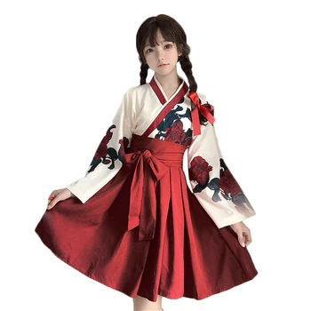 Dekleta Japonski Slog Retro Kimono Cvetlični Dolg Rokav Ženska Stranka Obleko Poletje Moda Obleke Vrh Lok Krilo Haori za Ženske