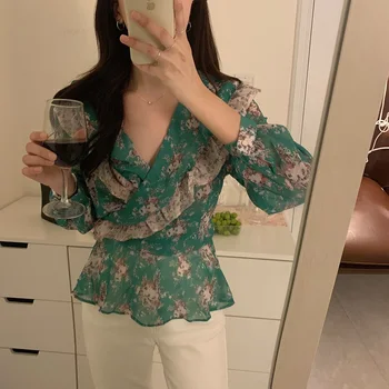 Tujec Kitty Šifon Bluze za Ženske do leta 2020 Poletje korejskem Slogu Letnik Zeleno Cvetno Ogrlicom Čipke GOR Pas Proti-vrat Vrhovi Majica Femme