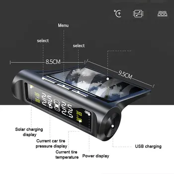 Avto Tpms Nadzor Tlaka v Pnevmatikah Pameten Sistem Sončne Energije Digitalni LCD Zaslon USB-Samodejno Varnostno Opozorilo 4pcsTire Tlačni Senzor
