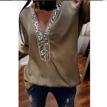 L-5XL Plus Velikost Moda za Ženske, Dolg Rokav Ohlapno Majico Poletje Dama V Vratu Priložnostne Vrhovi Tee Bluze