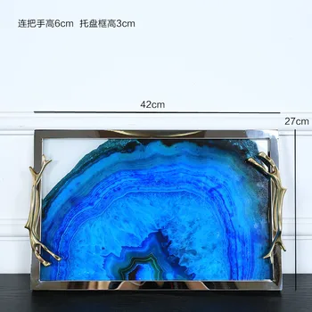 Evropski Stil Modra Agate Kamen Vzorec Kovinski Pladenj Okrogle, Pravokotne Pladenj Kozmetični Pripomočki Za Shranjevanje Kažejo Ploščo Dekoracijo