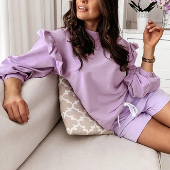 Vroče Prodaje Metulj Vijolično Puloverji Ženske Modni svoboden Luč Sleeve Majica Priložnostne O-vratu Trdna Vrhovi 2020