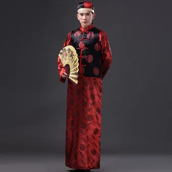 Moški Kitajski Narodna Noša Haljo + Telovnik Plesne Kostume Hmong Oblačila Starodavne Kitajske Kostum Moških Qing Najemodajalec