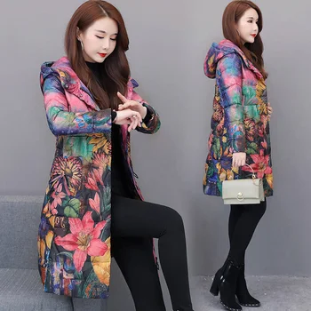Jakna zimske ženske 2019 moda bombaž-oblazinjena Srednje dolg outwear ženski zimski plašč ženske parka hooded cvjetnim tiskanja plašč