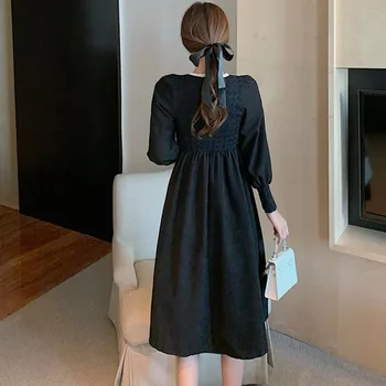 Enega Kosa 2021 Korejskem Slogu Pomlad Chic Oblačenja Francoski Modni Proti-Vrat Temperament Čipke Obleko Retro Vitek Pas Plus Žamet Obleke