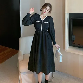 Enega Kosa 2021 Korejskem Slogu Pomlad Chic Oblačenja Francoski Modni Proti-Vrat Temperament Čipke Obleko Retro Vitek Pas Plus Žamet Obleke