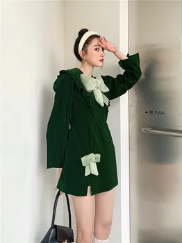 Božič rdeče novo leto stranka žamet lok retro zelena princesa cheongsam obleko otrok, spomladi in pozimi, francoski obleke
