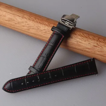 Spodbujanje Watchband Črna z rdečo črto stitched Ure Pribor Watch pasu trak 20 mm, 22 mm, iz Nerjavnega jekla Metulj sponke