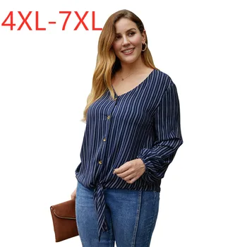 Novo 2021 pomlad jesen dame plus velikost vrhovi za ženske velika bluzo z dolgimi rokavi svoboden priložnostne gumb stripe majica 4XL 5XL 6XL 7XL