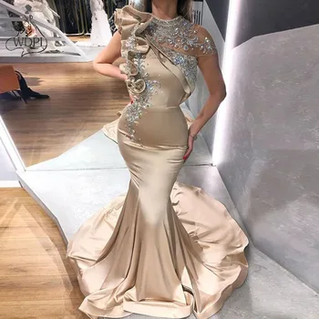 Arabski Večerne Obleke Visoko Vratu Šampanjec Beaded z Okrasnih morska deklica Prom Obleke Skp Rokavi Dubaj Stranka Halje 2021