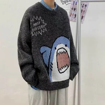 Nova Jesensko Zimskih Unisex Sweater Moški Letnik Harajuku Risanka Shark Jersy Preppy Stil za Moške Puloverji Ženske Skokih Knitwears
